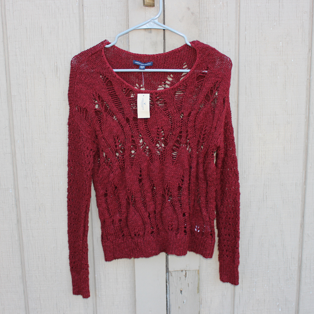American Eagle Red Knitted Crochet Sweater
